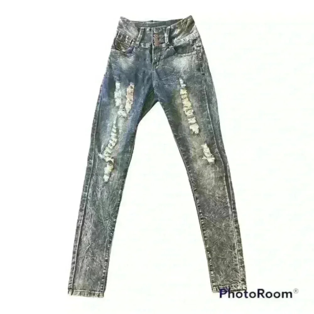 VIP jeans distressed acid washed jeans 4 button zip 5-Pocket‎